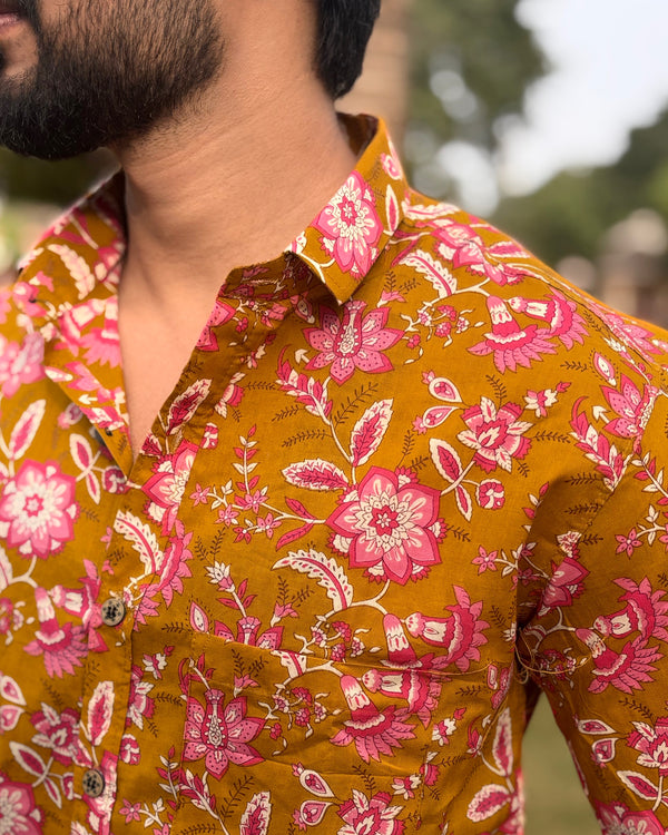 Premium Mustard Yellow Floral Cotton Shirt for Men | Sanganeri Print