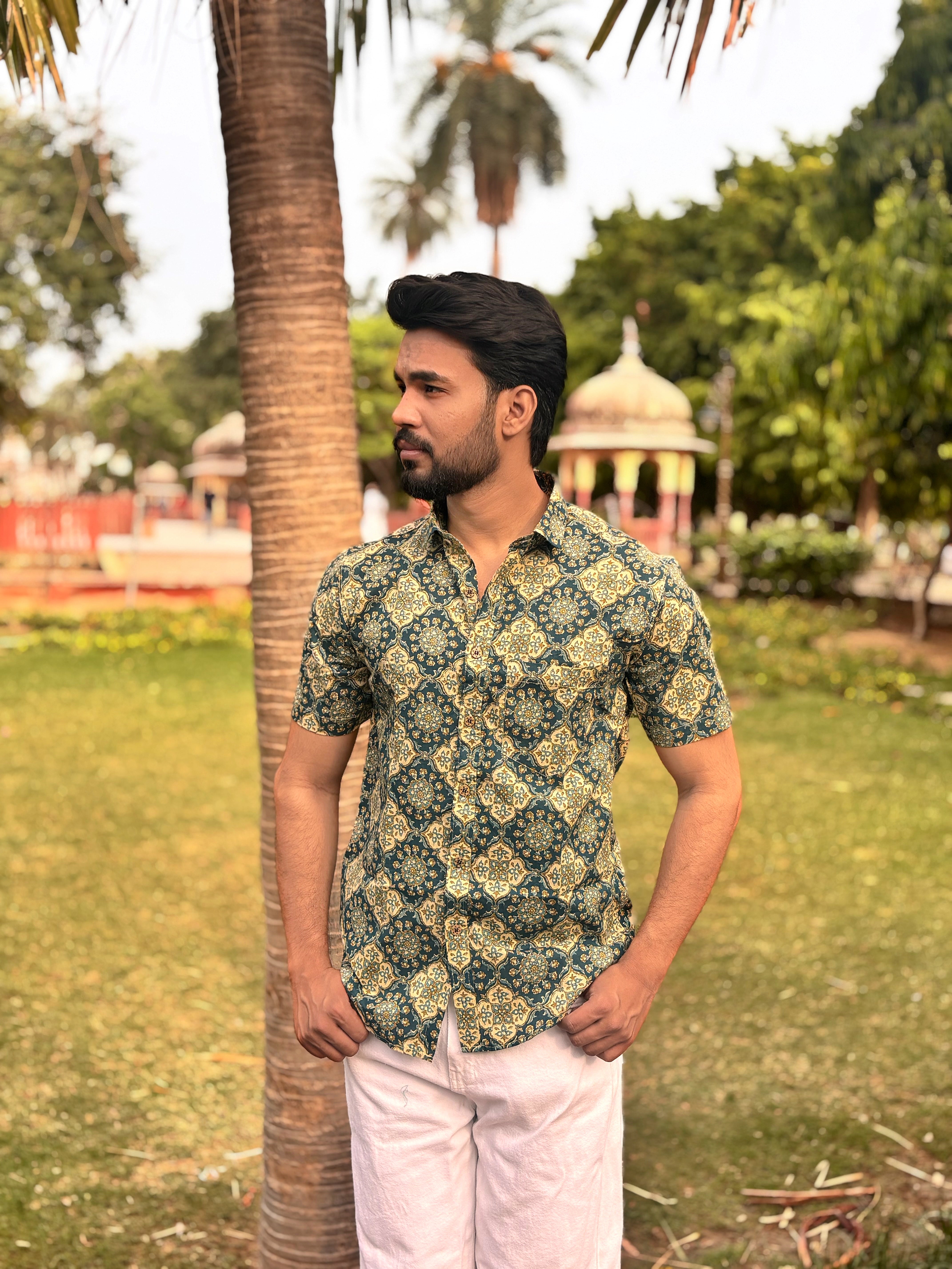 Forest Green Hand Block Printed Cotton Shirt for Men | Premium Casual Summer Wear