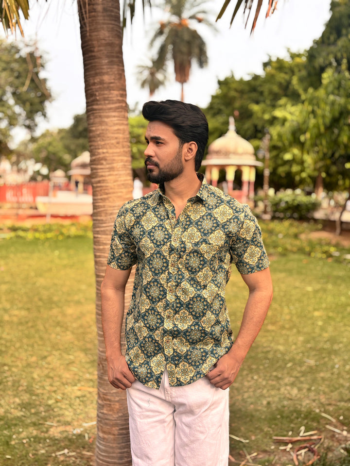 Forest Green Hand Block Printed Cotton Shirt for Men | Premium Casual Summer Wear