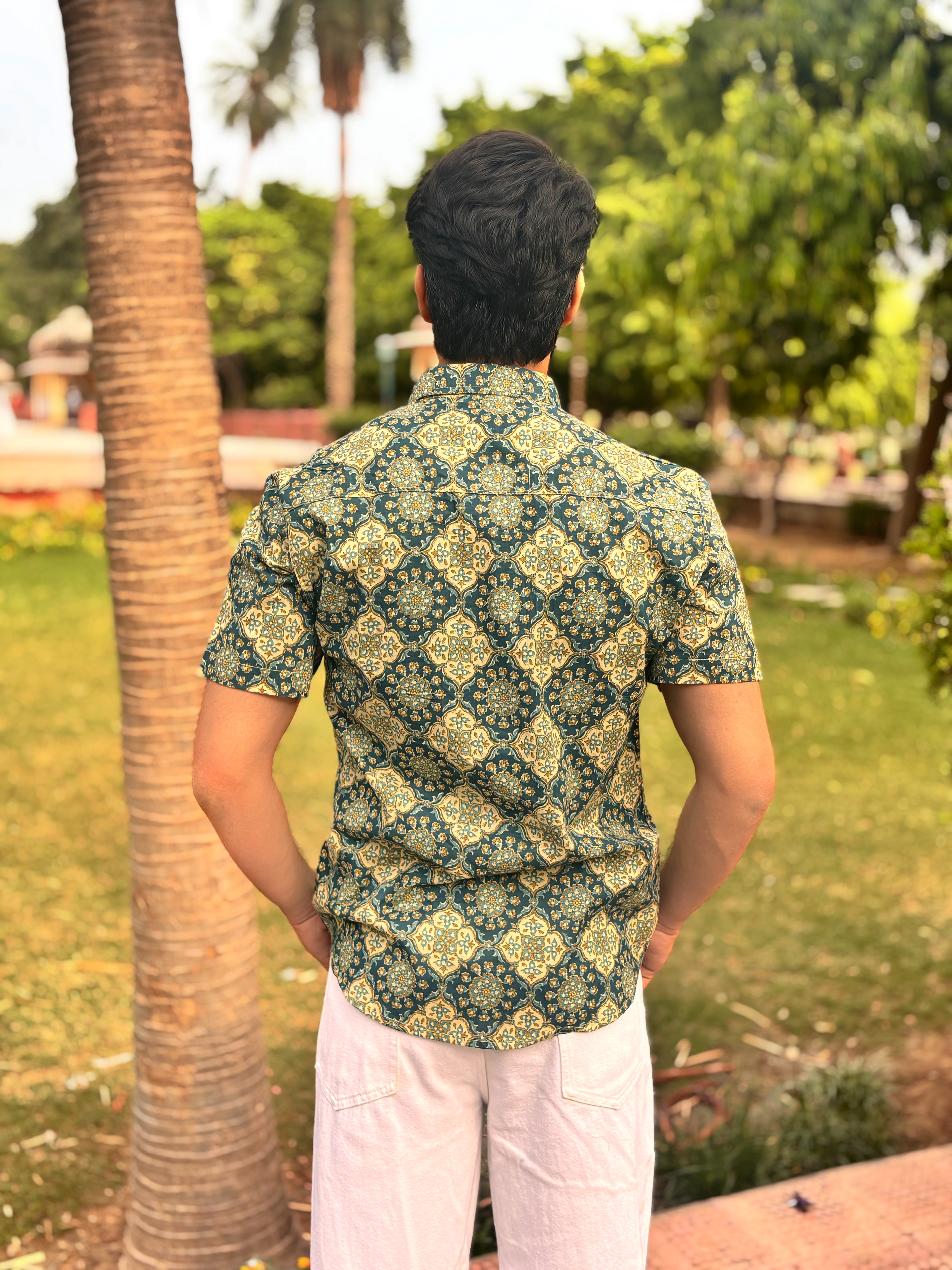 Forest Green Hand Block Printed Cotton Shirt for Men | Premium Casual Summer Wear