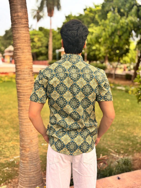 Forest Green Hand Block Printed Cotton Shirt for Men | Premium Casual Summer Wear