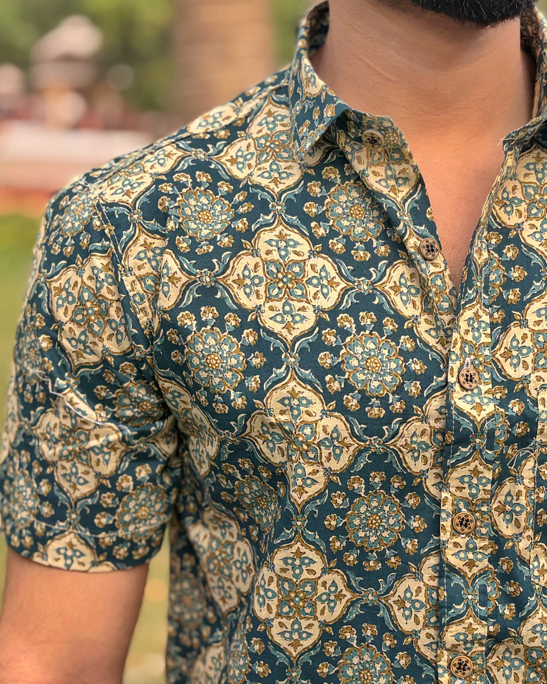 Forest Green Hand Block Printed Cotton Shirt for Men | Premium Casual Summer Wear
