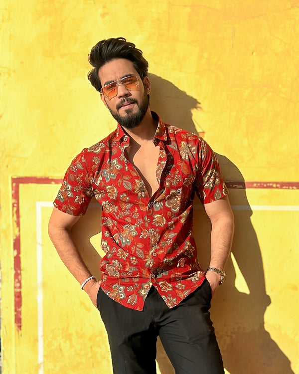 Men’s Red Floral Printed Casual Shirt
