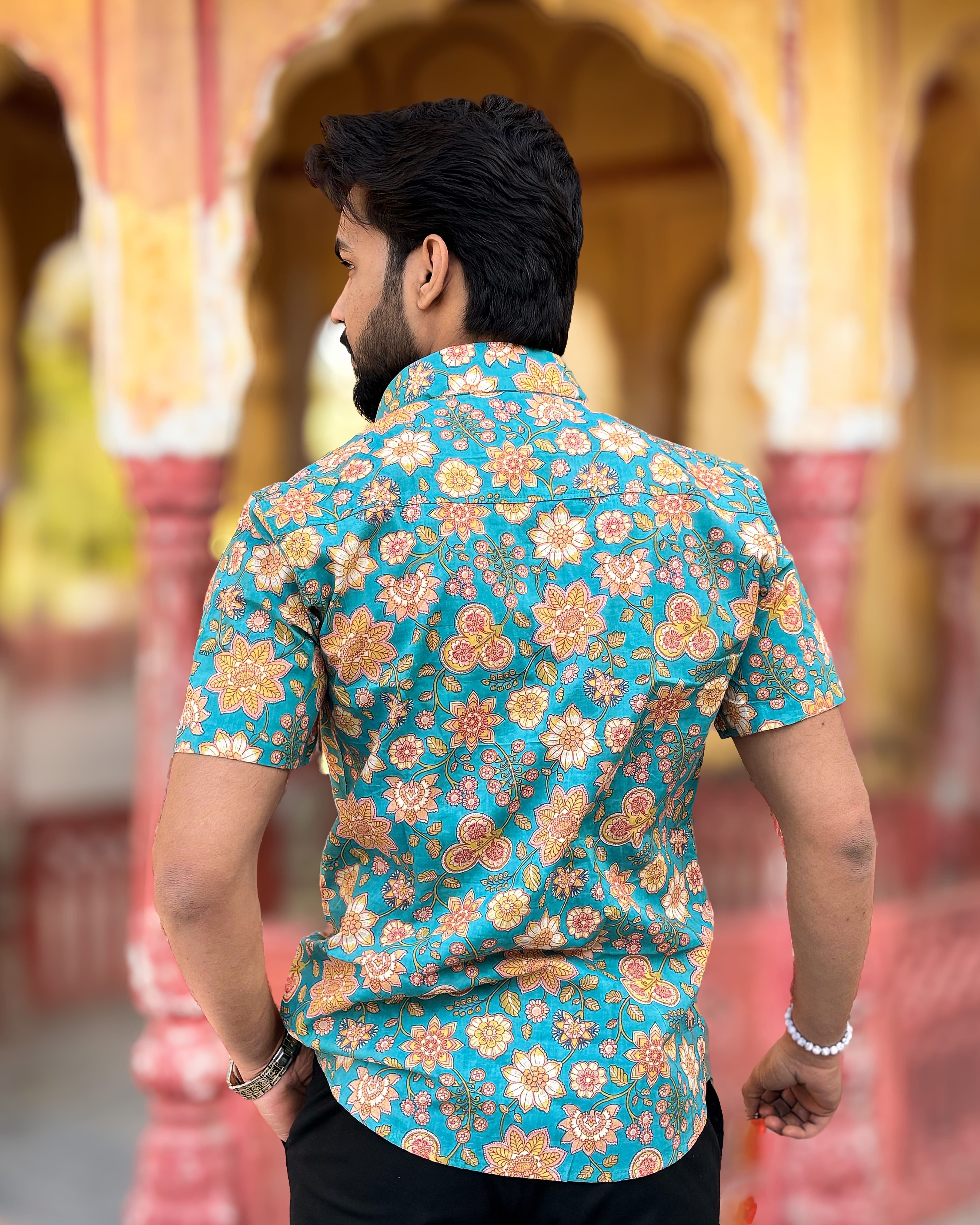 Men’s Teal Green Floral Printed Short-Sleeve Shirt