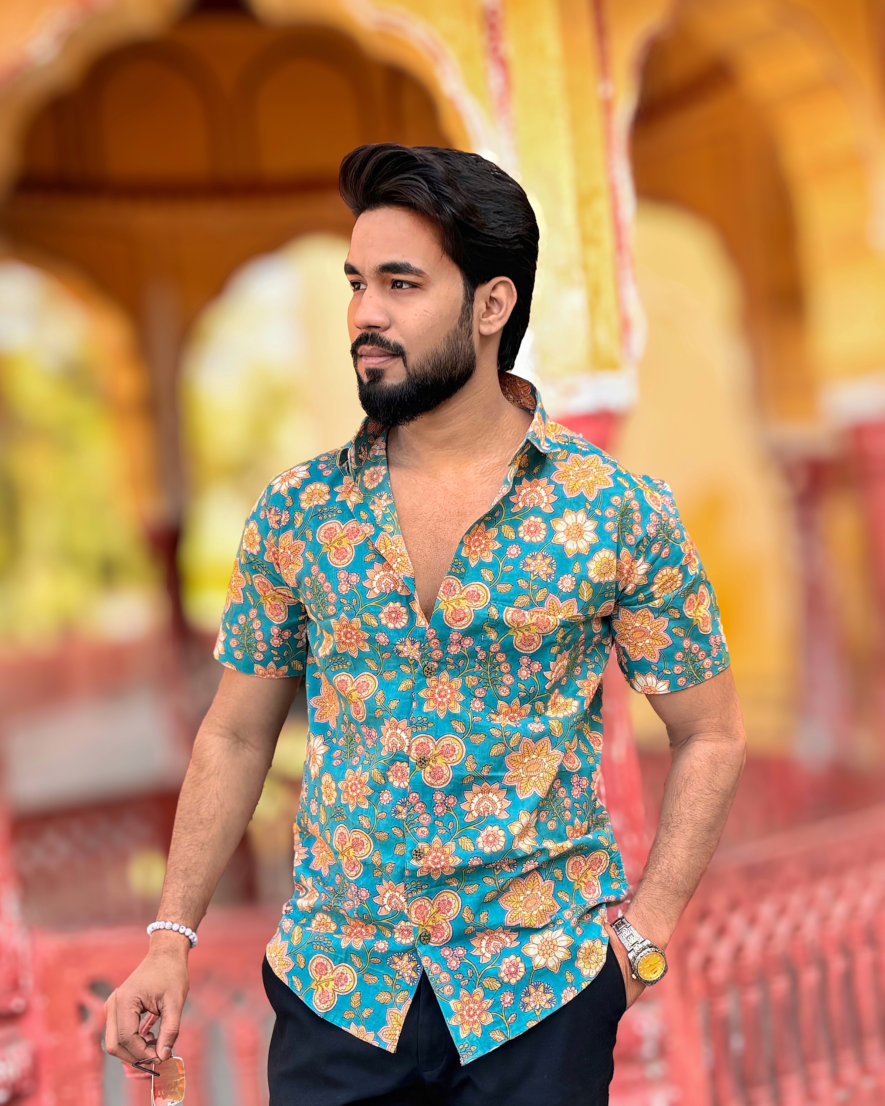 Men’s Teal Green Floral Printed Short-Sleeve Shirt