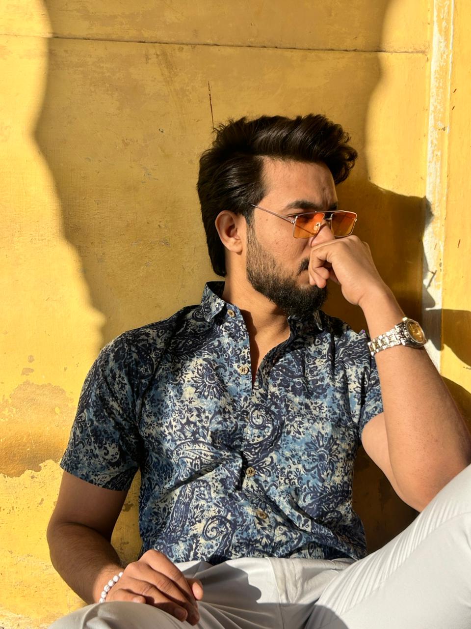 Men’s Navy Blue Printed Short Sleeve Casual Shirt