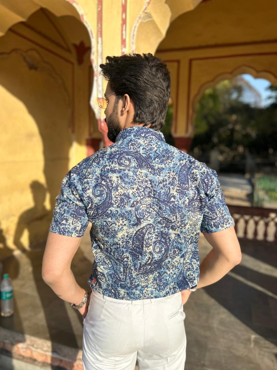 Men’s Navy Blue Printed Short Sleeve Casual Shirt