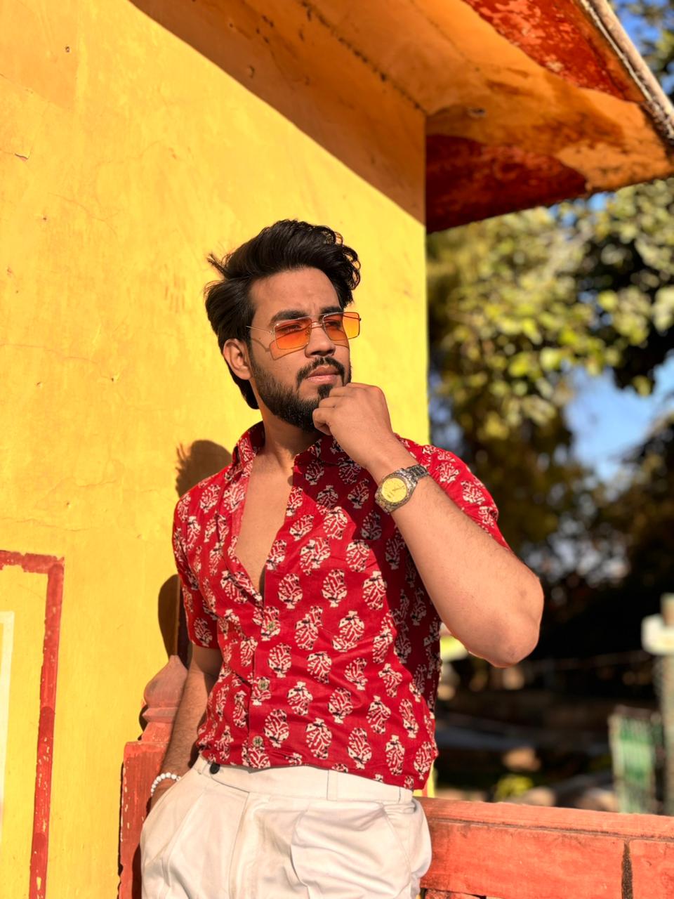 Men’s Red Ethnic Printed Casual Shirt