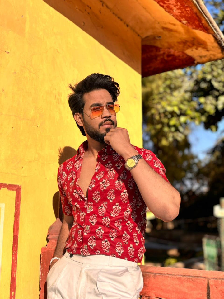 Men’s Red Ethnic Printed Casual Shirt