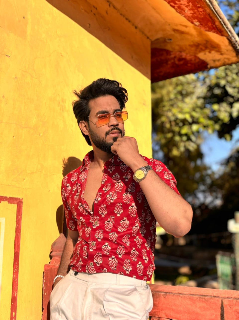Men’s Red Ethnic Printed Casual Shirt