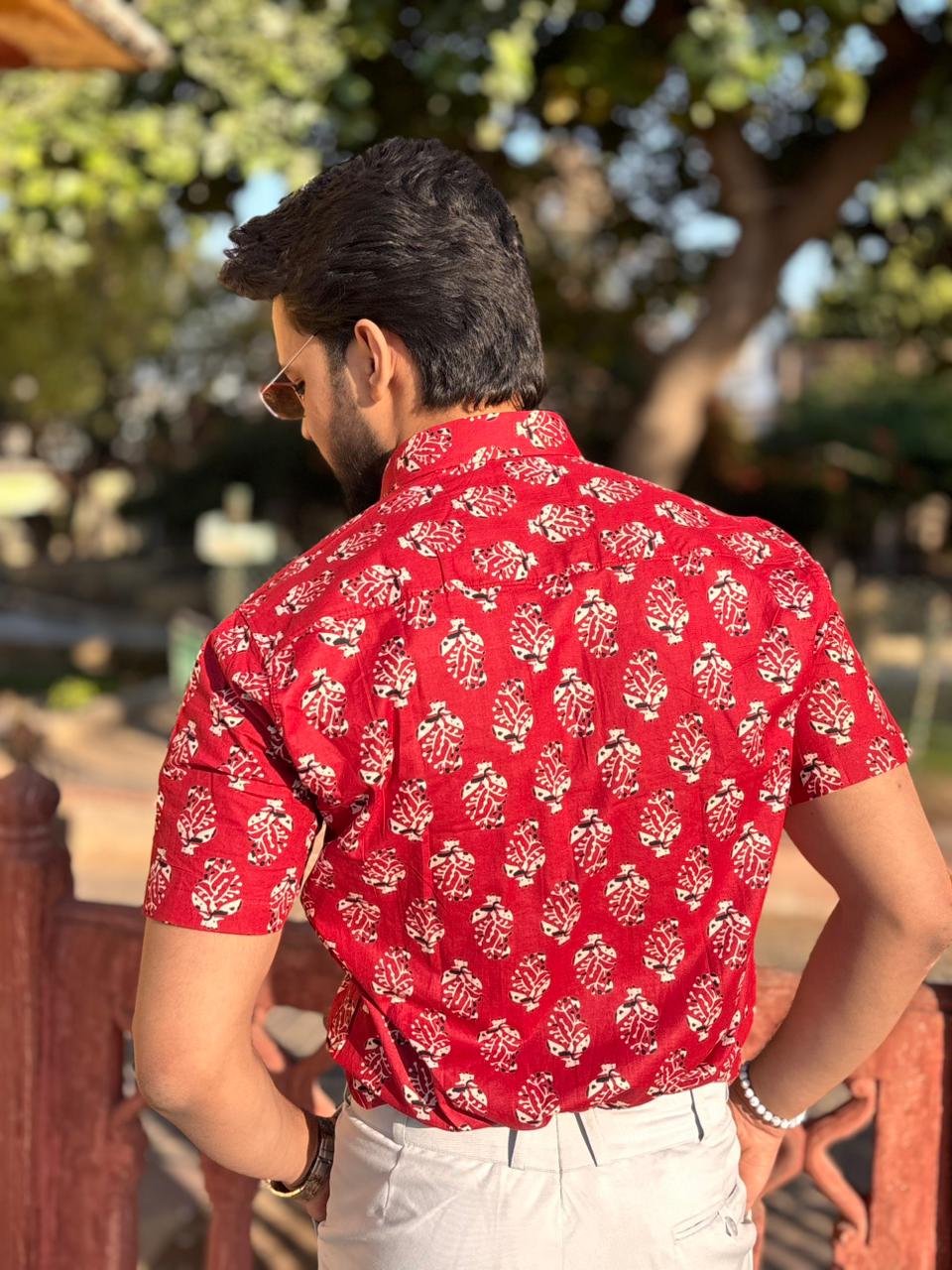 Men’s Red Ethnic Printed Casual Shirt