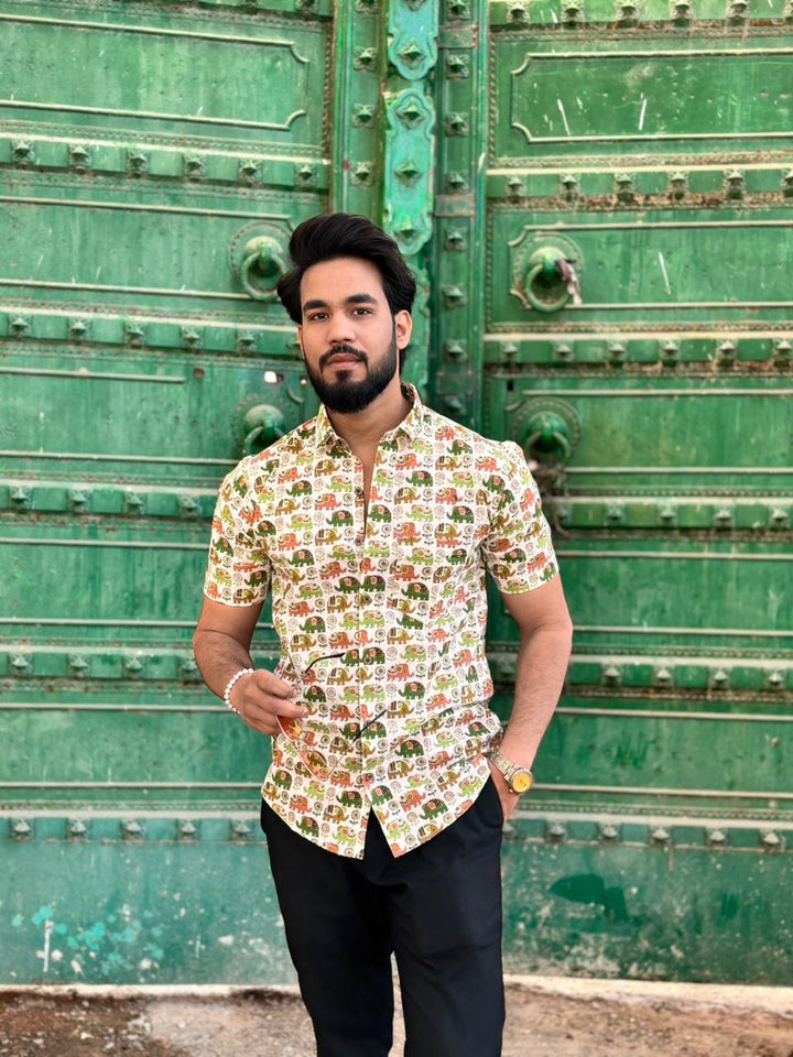 Men’s Off-White Elephant Printed Casual Shirt