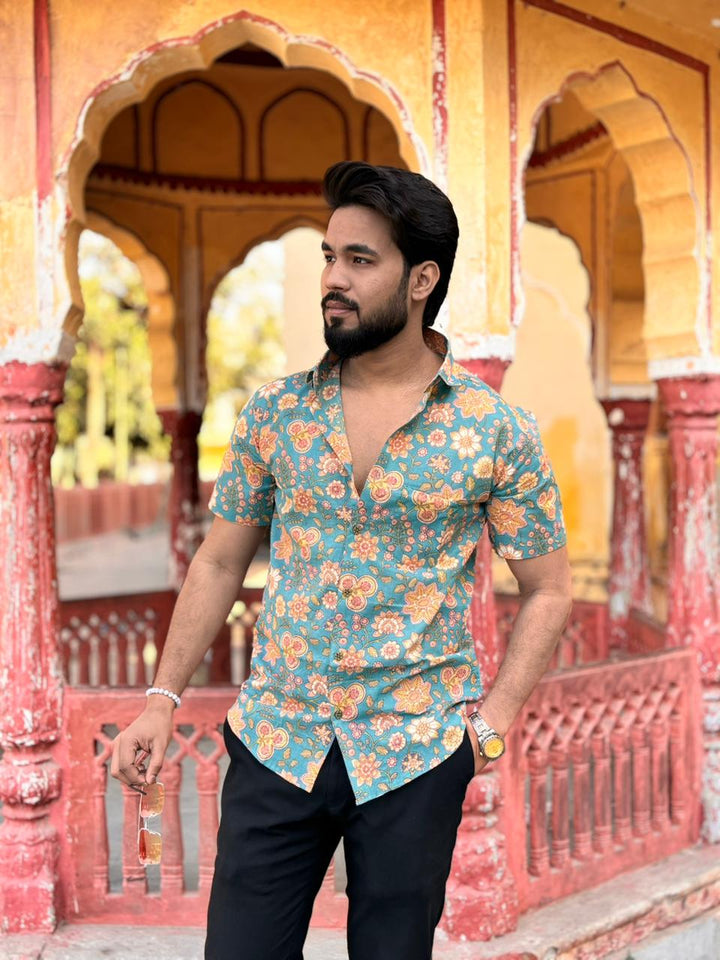 Men’s Teal Green Floral Printed Short-Sleeve Shirt