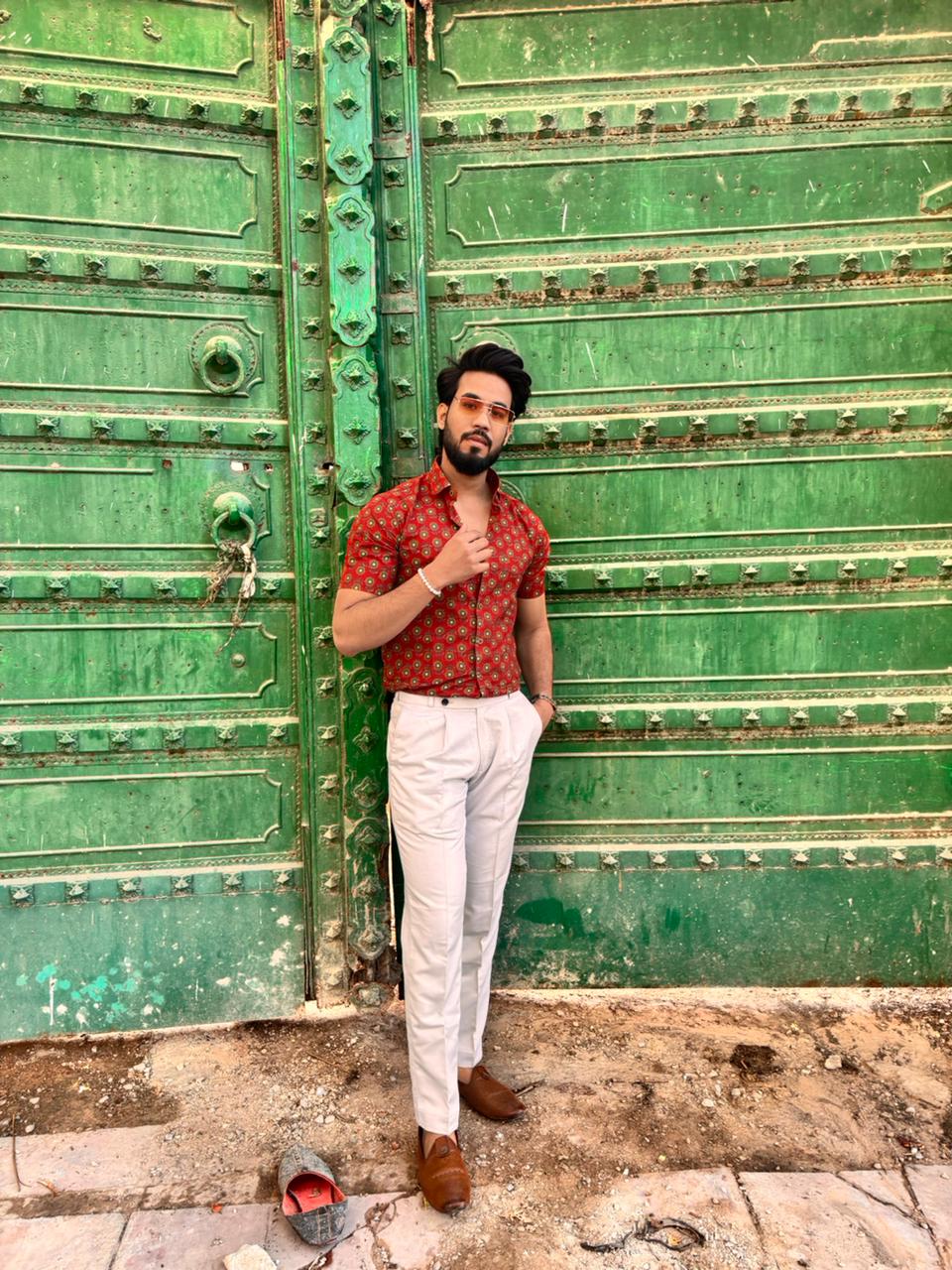 Men’s Red Ethnic Printed Casual Shirt