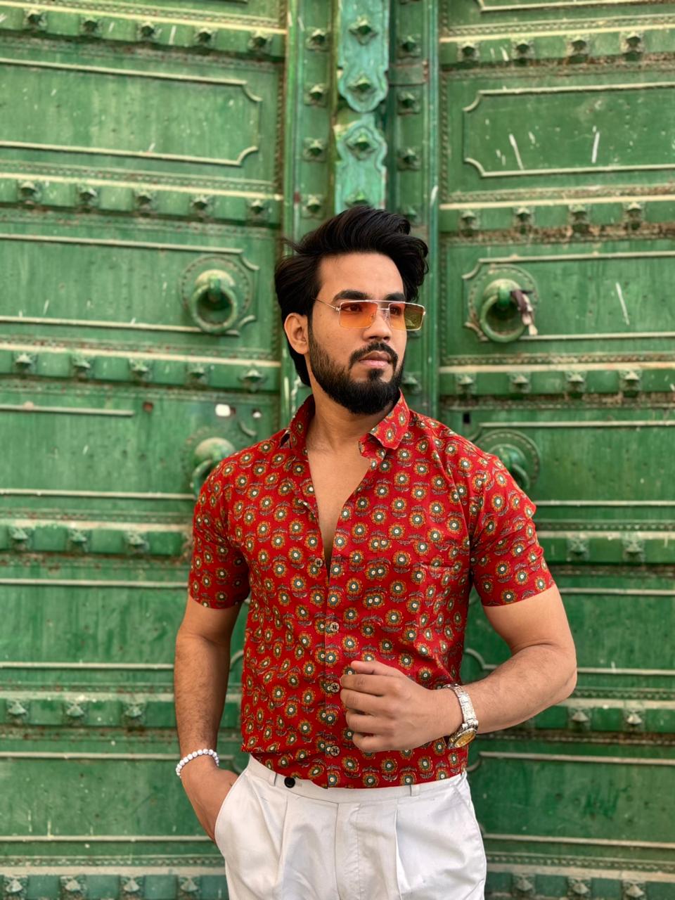Men’s Red Ethnic Printed Casual Shirt
