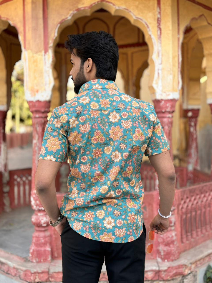 Men’s Teal Green Floral Printed Short-Sleeve Shirt