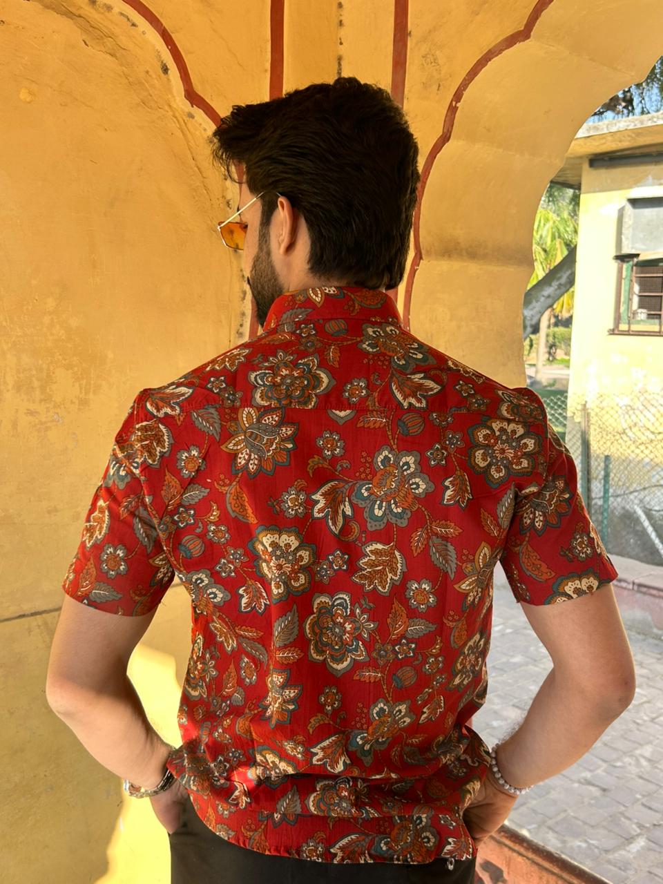 Men’s Red Floral Printed Casual Shirt