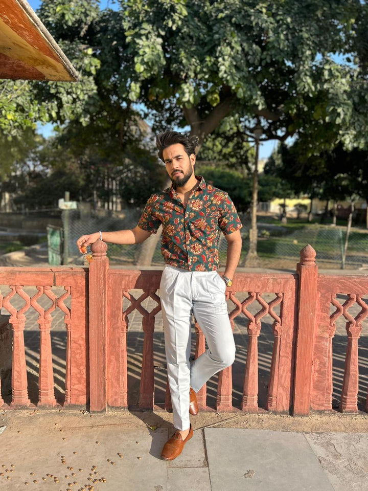 Men’s Dark Green Floral Printed Casual Shirt